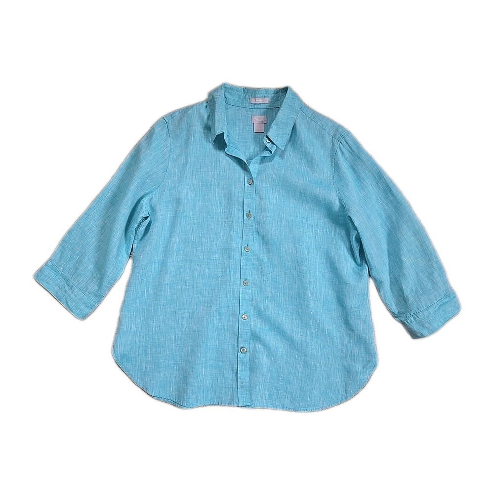 Chicos Linen Blue Button Down Shirt Breezy 3/4 Sleeves Size 2 ( US 12) Beach Sea